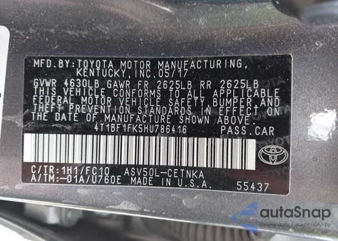 2017 Toyota Camry Le z USA, uszkodzony, nr VIN 4T1BF1FK5HU786416